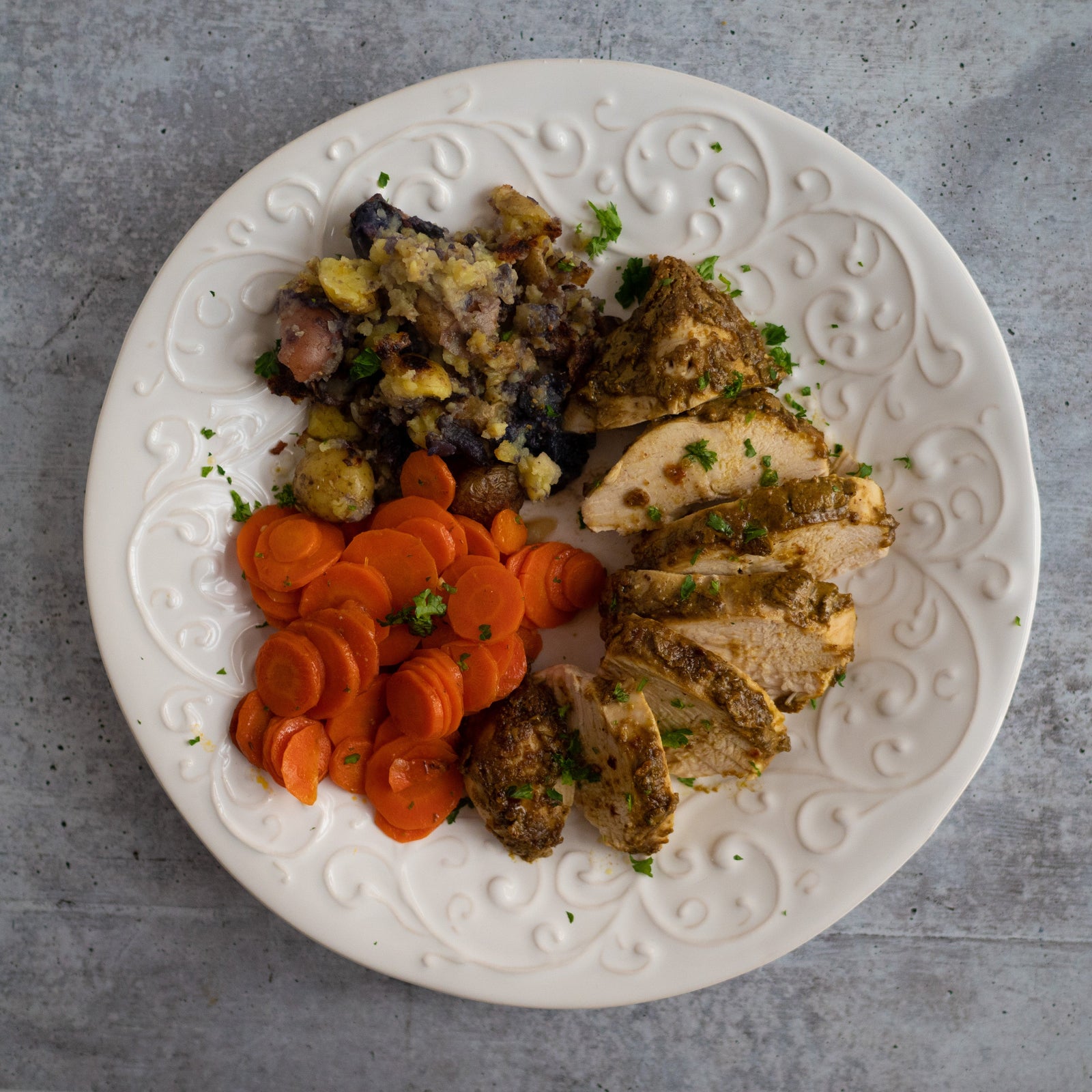 Pistachio Crusted Chicken, Smashed Potatoes & Bilancia Carrots