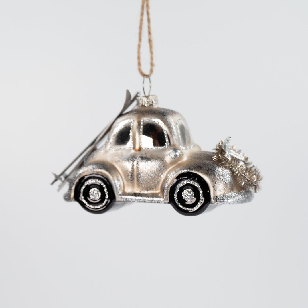 Hand Painted Glass VW with Skis Ornament