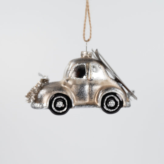 Hand Painted Glass VW with Skis Ornament